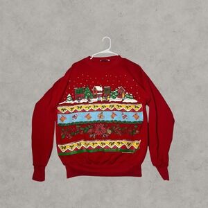 Vintage Turtle Bay Christmas Sweatshirt Red Snowy Village Poinsettia Made in USA
